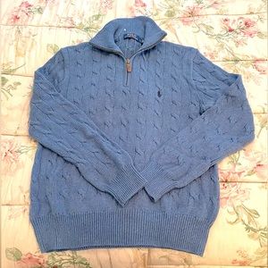 Ralph Lauren Polo, Boys L, Cable Knit, Quarter Zip Blue Cotton Sweater